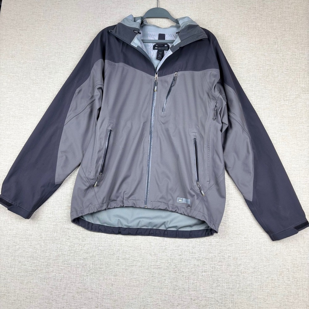 REI Elements Mens Large Grey Softshell Hooded Jacket Full Zip Outdoor Rain Coat